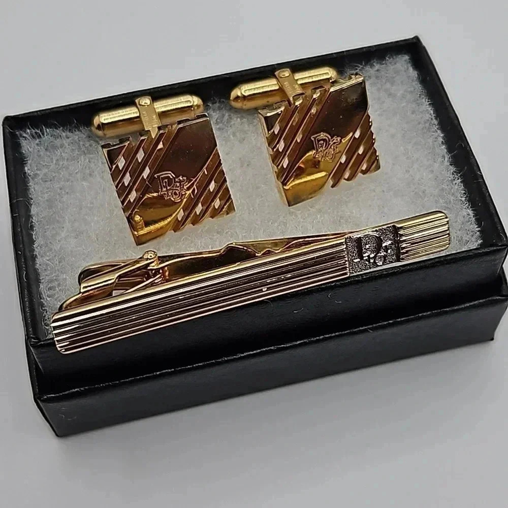 Christian Dior Bullet Back Oblique Logo Gold Tone Cufflinks and Tie bar